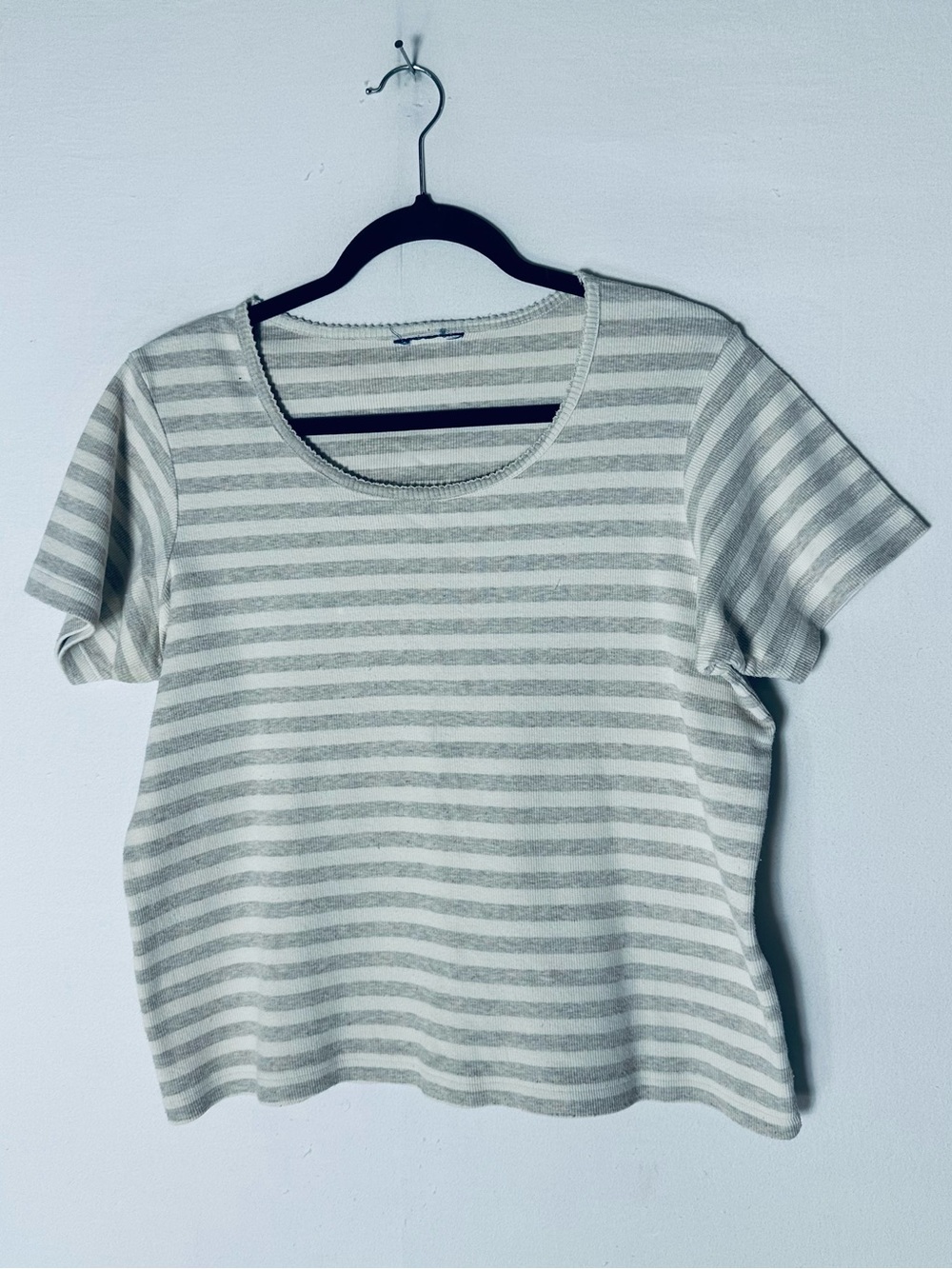 Vintage Cream Beige Striped Ribbed Short Sleeve Scoop Neck Top L Normcore Granny